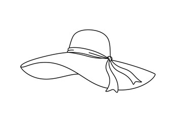 Beach hat drawing. It is a black and white outline sketch of a wide-brimmed beach hat, a popular summer fashion accessory. Vector sketch line art draw.