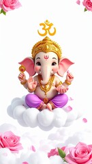 Baby Ganesha Sitting on a Cloud with Flowers
