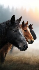 Obraz premium Horses standing in a misty meadow at dawn in a tranquil rural setting
