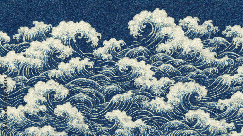 Aufkleber detailed traditional japanese wave pattern with dynamic white foam and deep blue background creating