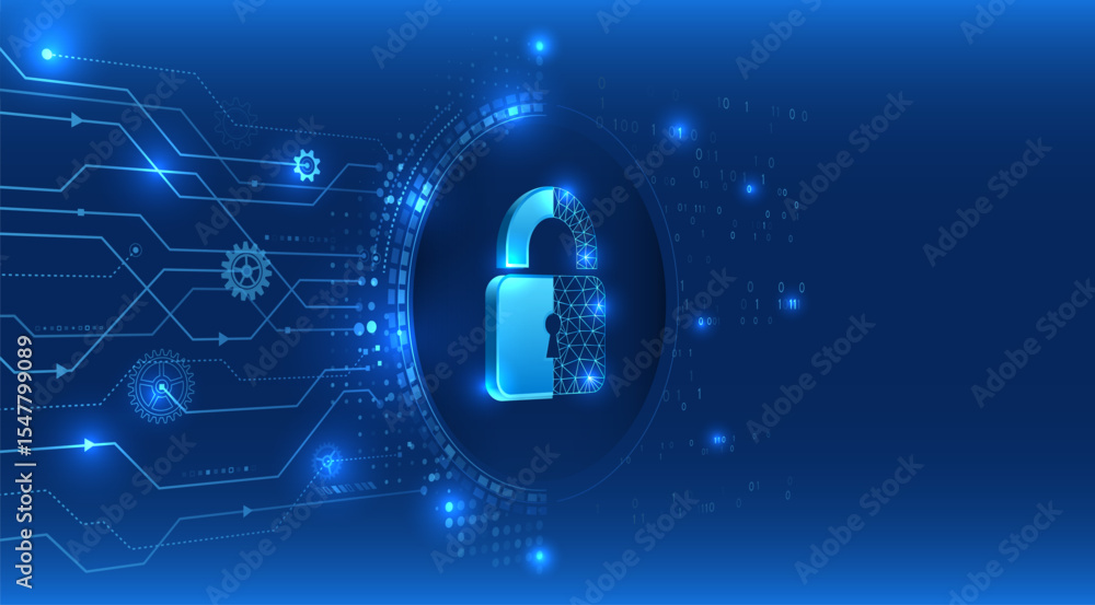 Aufkleber Digital illustration with a blue background depicting a lock in the center, surrounded by gears, circuits and binary code. Ideal for cybersecurity and data protection topics.