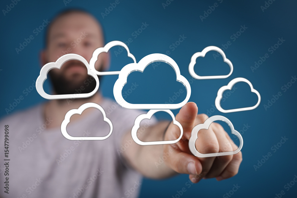 Poster a man interacts with digital cloud icons, representing cloud computing, data storage, and networking