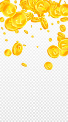 Russian ruble coins falling. Scattered gold RUB