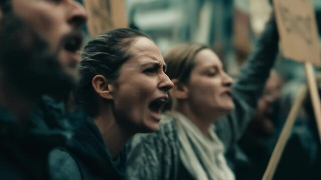 Woman and man at a protest rally expressing discontent at a political or social event footage.