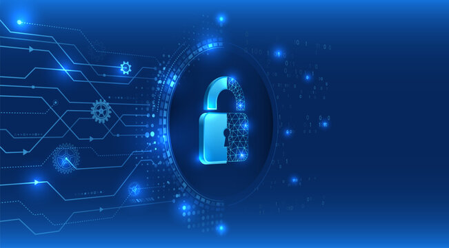 Digital illustration with a blue background depicting a lock in the center, surrounded by gears, circuits and binary code. Ideal for cybersecurity and data protection topics.