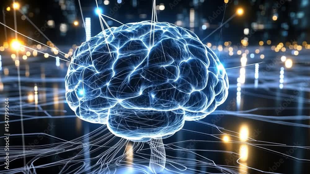 Poster a stunning visualization of a glowing brain with interconnected neural networks, symbolizing the com