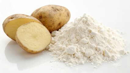 Fototapeta premium Potatoes and potato flour on a white background.
