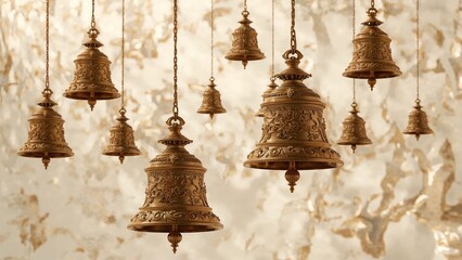 Obraz premium Traditional Ornate Ethnic Bells: Intricate Metallic Hanging Decor with Detailed Artistic Craftsmanship and Design in Textured Shiny Interior Background