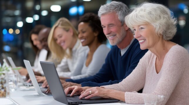 Diverse Group of Adults Attending Evening Digital Skills Class in Modern Interior