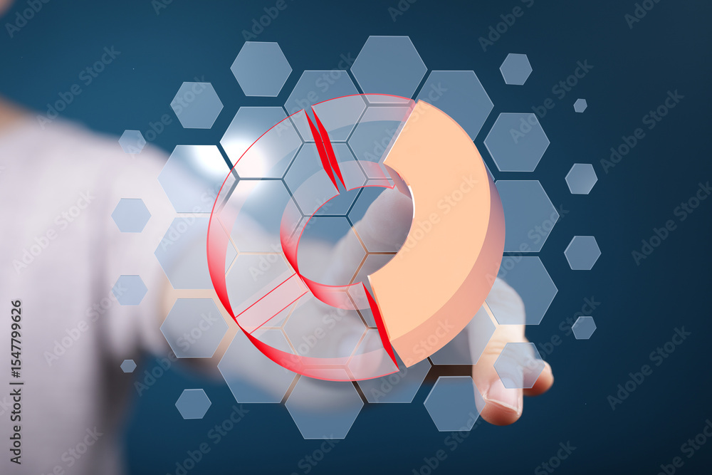Poster person interacting with a 3d pie chart on a digital interface. data analysis, technology concept.