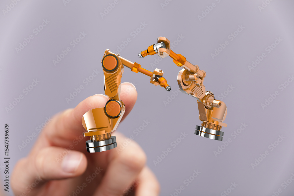 Poster close-up of small robotic arms on a finger, symbolizing advanced automation and future tech.