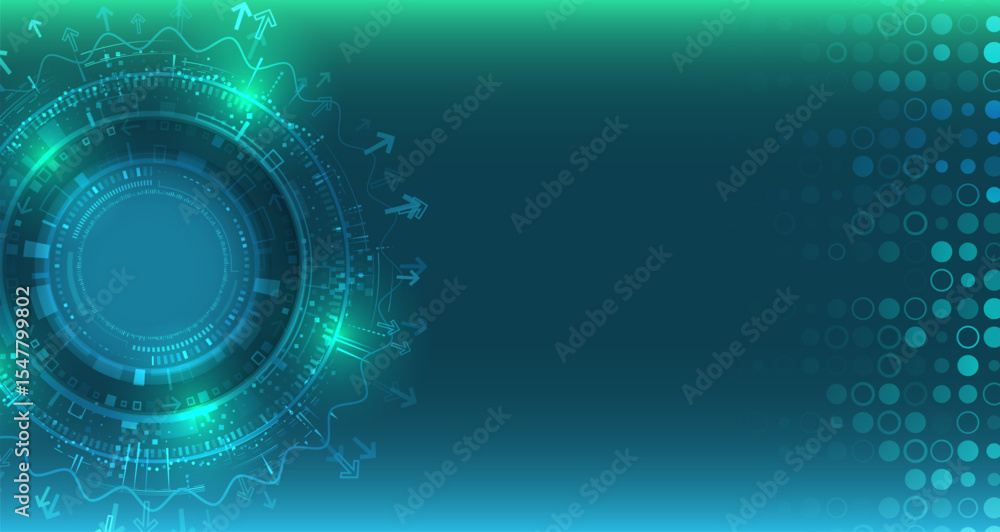 Poster Futuristic digital background with circular technological scheme, arrows and light effects. Ideal for presentations, IT banner design and digital interfaces.