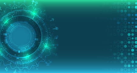 Futuristic digital background with circular technological scheme, arrows and light effects. Ideal for presentations, IT banner design and digital interfaces.