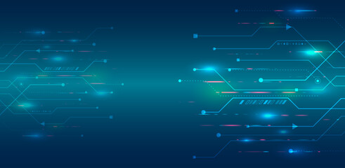 Futuristic blue background with circuit board and digital elements symbolizing growth, development and technology. Ideal for business presentations, banners and IT design.