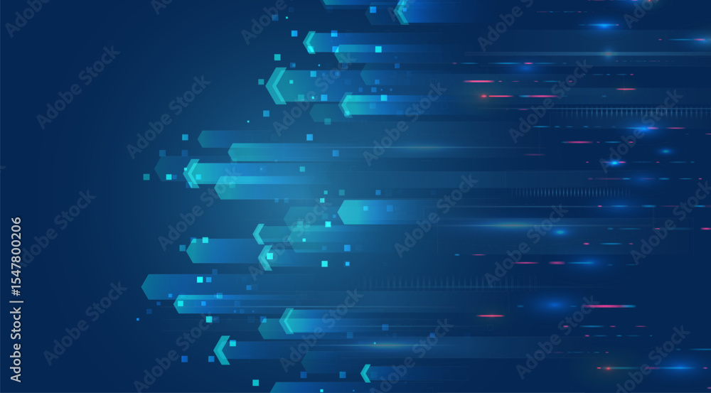 Poster futuristic background with arrows on the horizon and digital elements symbolizing growth, developmen
