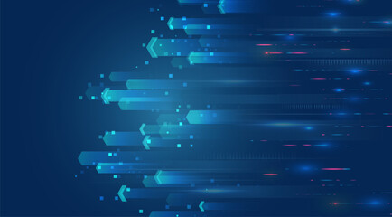 Futuristic background with arrows on the horizon and digital elements symbolizing growth, development and technology. Ideal for business presentations, banners and IT design.