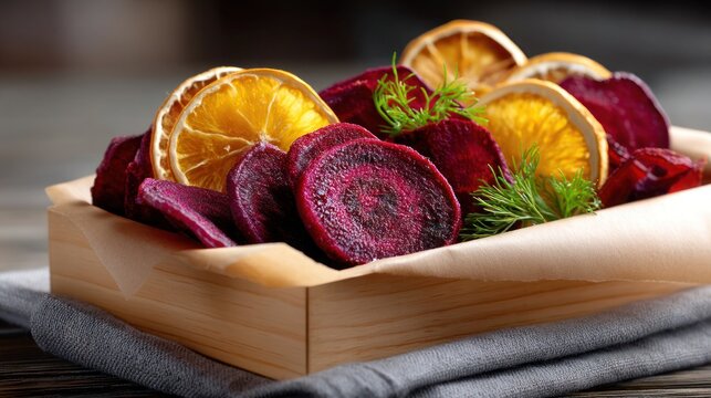 beetroot chips in an eco-friendly box on recycled paper with dried orange slices, soft natural light, commercial rustic feel - Powered by Adobe