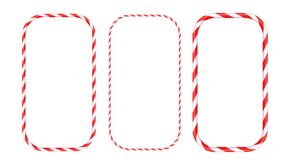 Rectangular Christmas frame with red and white striped lollipops. Festive border design with striped lollipop pattern. Empty festive template for Christmas and New Year. Vector on white background.