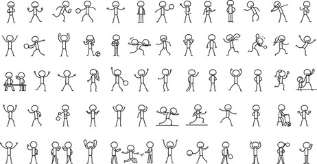 Stick figure sports character icon set, various athletic and gym activities, hand-drawn doodle style, fitness sketch illustration, cartoon action poses, workout vector bundle