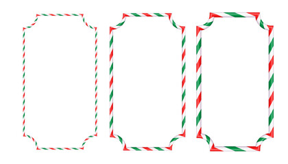 Red white green striped lollipop frame in rectangular shape. Christmas themed frame with sweet lollipop stripes. Empty vector mockup for New Year and Xmas designs. Isolated vector