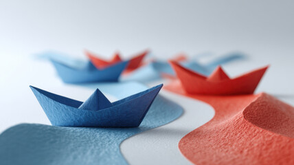 Paper boats moving into separate water channels red ocean and blue ocean