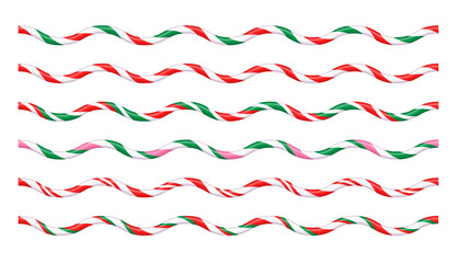 Striped candy cane holiday decoration.6 Christmas design options. Decorative frame with lollipop pattern. Brush template for Christmas and New Year. Vector illustration on white background.