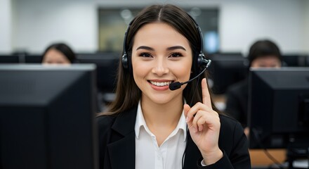 Smiling businesswoman with a headset talking on a phone in an office, working at her laptop to provide customer service