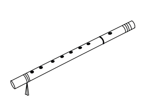 Krishna flute drawing. It is a black and white outline sketch of a flute, a musical instrument associated with Lord Krishna. Vector sketch line art draw.