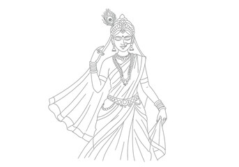 Radha drawing. It is a black and white outline sketch of Radha, a Hindu goddess known for her beauty and devotion to Krishna. Vector sketch line art draw.