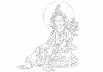 Tara drawing. It is a black and white outline sketch of Tara, a Buddhist goddess, seated gracefully on a lotus, radiating peace and wisdom. Vector sketch line art draw.