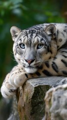 Fototapeta premium Close-up portrait of an endangered snow leopard resting on a rocky ledge, intense gaze and textured fur in natural alpine habitat, soft background blur