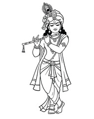 Krishna drawing. It is a black and white outline sketch of Lord Krishna, the Hindu deity, playing his flute with a peacock feather. Vector sketch line art draw.