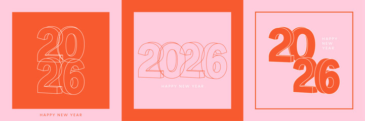 2026 New Year card set, thin line 3D number, colorful poster