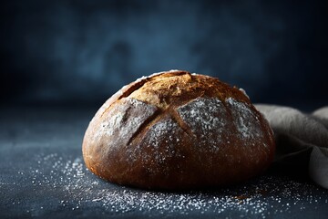 A rustic, artisanal loaf of sourdough bread, just out of the oven, with flour dusting its crust, on a dark, moody background, food photography, chiaroscuro lighting