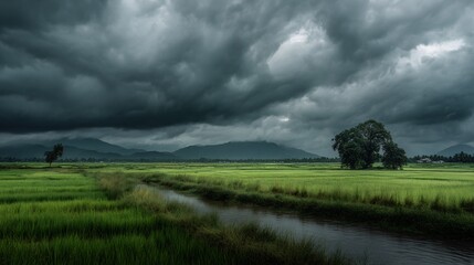 Serene river flowing gracefully through expansive green fields beneath gathering monsoon clouds