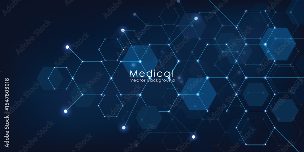 Poster geometric abstract background with blue hexagons. structure molecule and communication. science, tec