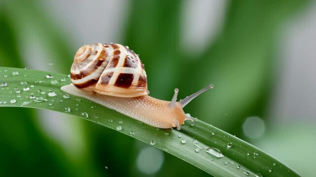 Snail with a beautifully patterned shell is slowly moving along a green leaf covered in droplets of water, showcasing the delicate details of nature and the serene environment around it