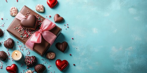 Delicious assortment of heart-shaped chocolates and gift box on turquoise background for special occasions