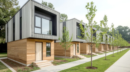 Modular homes exterior designs of modern architecture, cubic-designed residential or club houses, featuring a striking combination of natural wood cladding on the lower sections and dark grey
