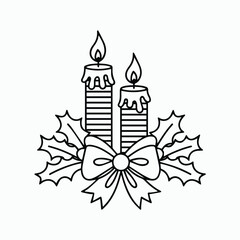 Christmas Candles with Holly and Bow Elegant Black and White Illustration