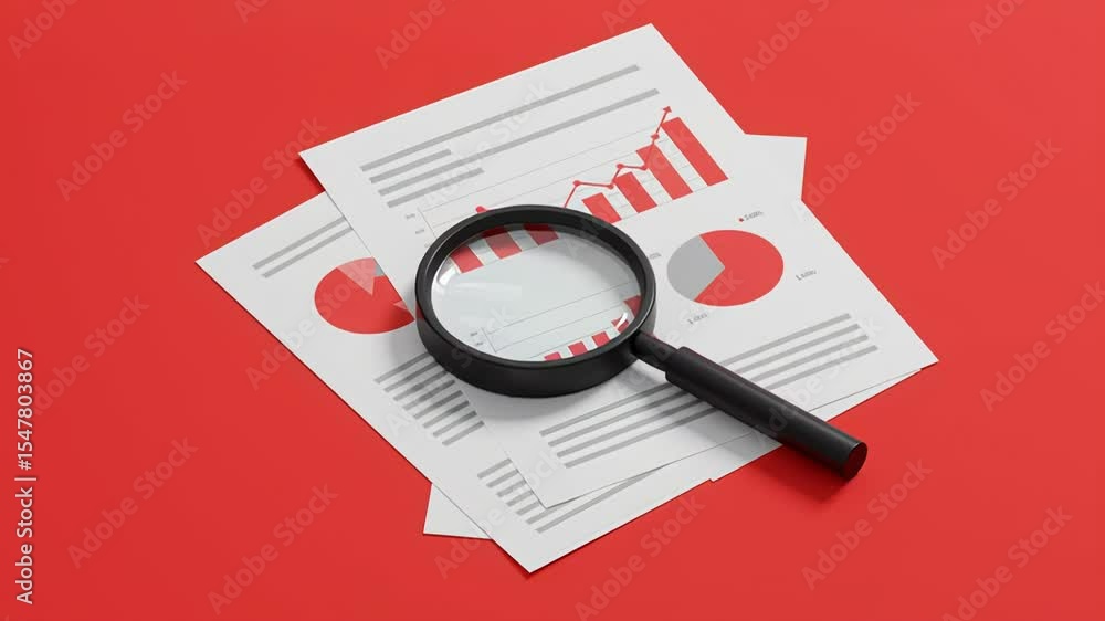 Poster magnifying glass on financial reports with charts and graphs over red background, symbolizing data a