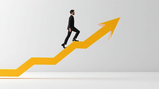 Businessman walking upward on a yellow arrow-shaped growth chart, symbolizing success, career growth, progress, achievement, leadership, and business development