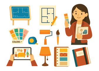 Interior designer with color palette and tablet surrounded by furniture, floor plans, fabric swatches, tools, and decor elements on white background. Flat vector illustration in design planning style