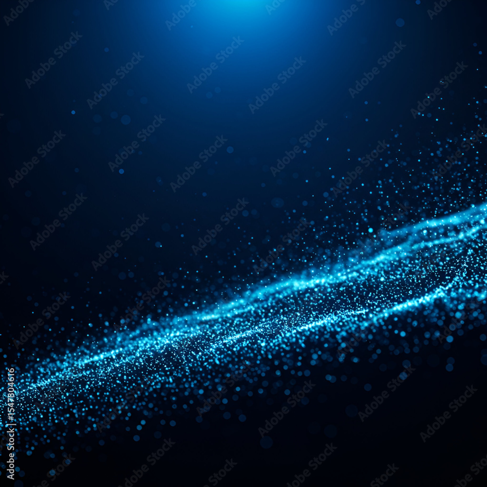 Poster abstract digital particles in a dark blue background. displaying a dynamic wave-like pattern with a 