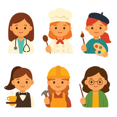 Cartoon girls dressed as doctor, chef, artist, waitress, builder, and teacher on white background. Flat vector illustration in character design style. Childhood professions and career concept 