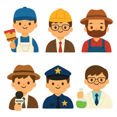 Cartoon boys dressed as painter, architect, farmer, reporter, policeman, and scientist on white background. Flat vector illustration in character design style. Childhood professions and career concept