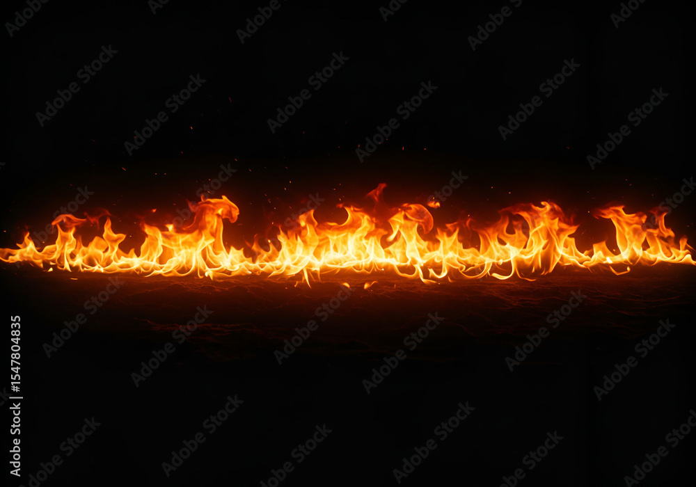 Poster fiery flames blaze along a dark surface, creating an intense visual effect. a dramatic display of bu