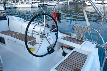 Yacht steering wheel, boat control, nautical equipment, sailing, water transport, marine, ship...