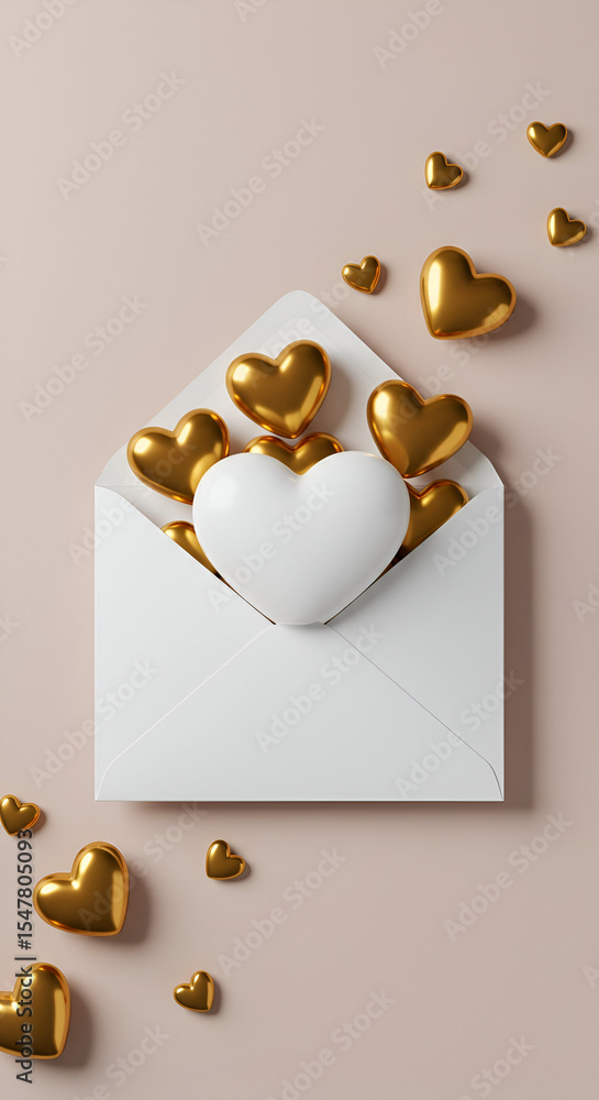 Poster gold and white hearts in an envelope on a beige background. a collection of golden and white heart-s