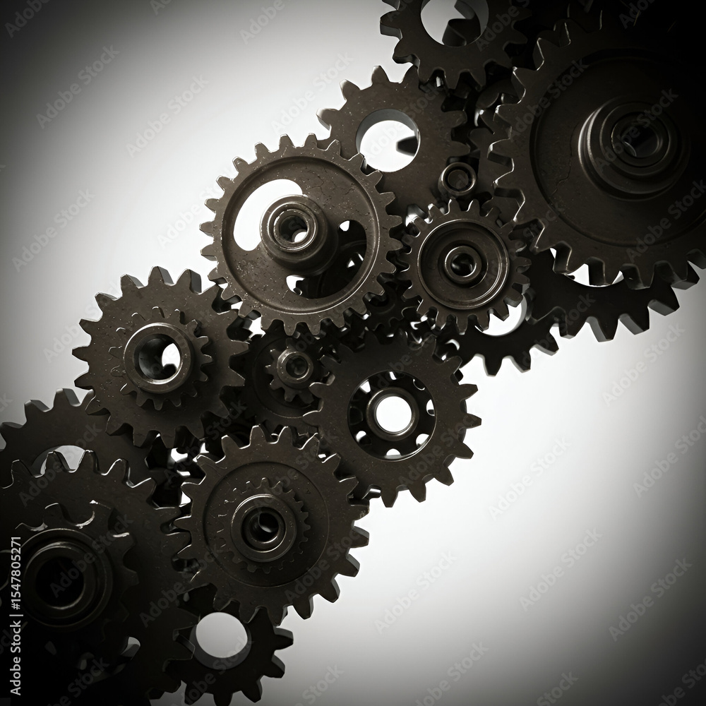 Poster detailed mechanical gears in intricate system against a plain background. complex gear mechanism in 
